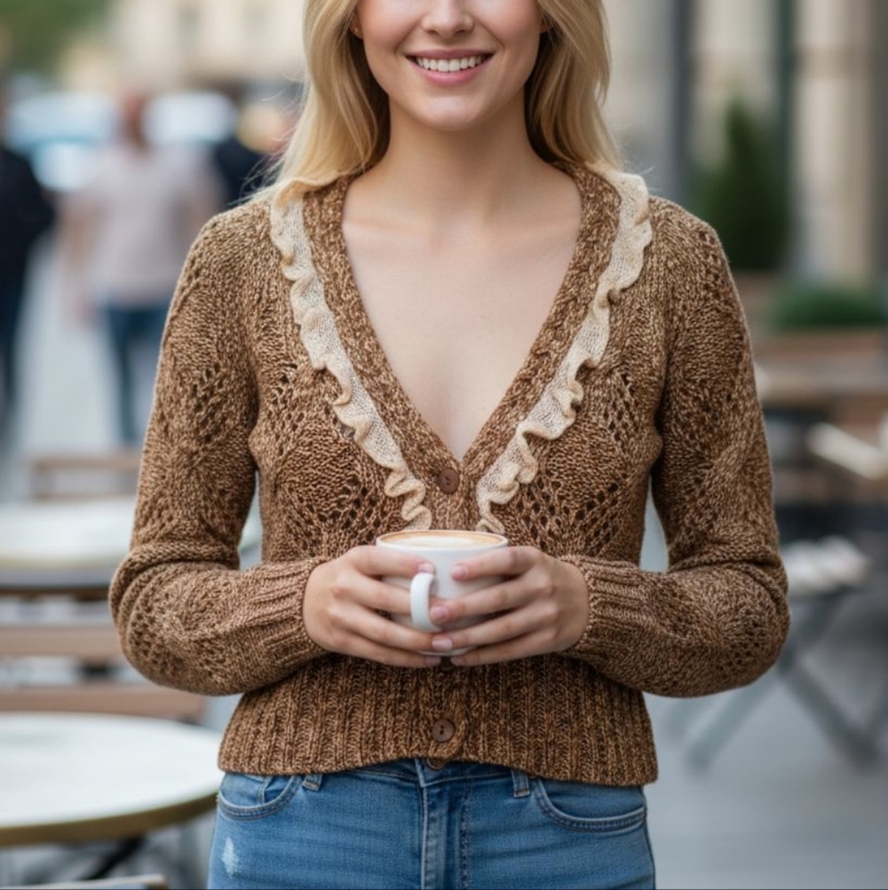 Y2K‎ 90s Brown Knit Sweater W Ruffle Trim - Pointelle - Button Front Sz S Fuzzy